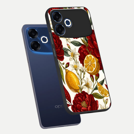 Lemon Rose Charm phone case For Oppo F33 Pro 5G showing premium glass back cover with detailed artwork