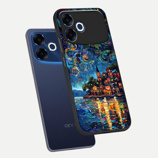 Moonlight Harbor Glow phone case For Oppo F33 Pro 5G showing premium glass back cover with detailed artwork