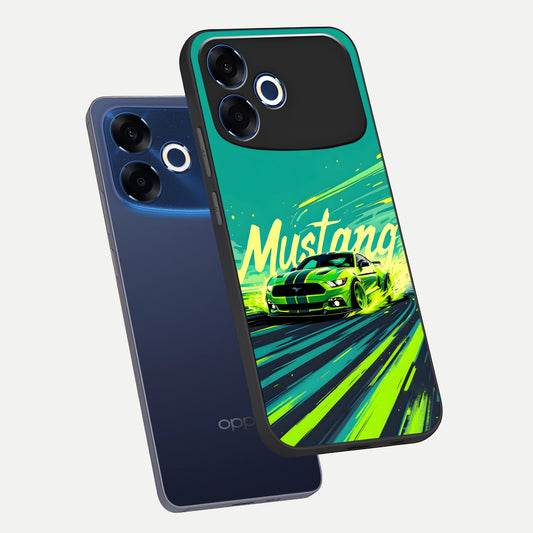 Mustang Bang phone case For Oppo F33 Pro 5G showing premium glass back cover with detailed artwork