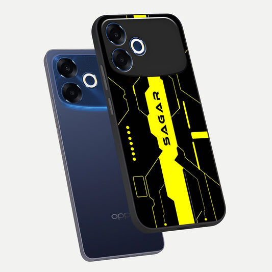 Neon CYBERPUNK Custom Name phone case For Oppo F33 Pro 5G showing premium glass back cover with detailed artwork