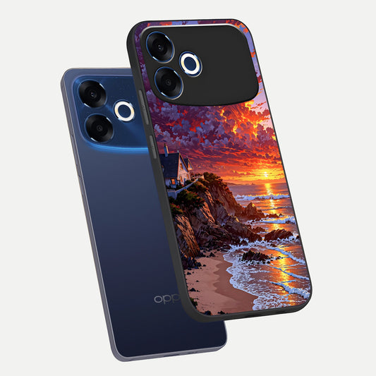 Sunset House By Sea phone case For Oppo F33 Pro 5G showing premium glass back cover with detailed artwork