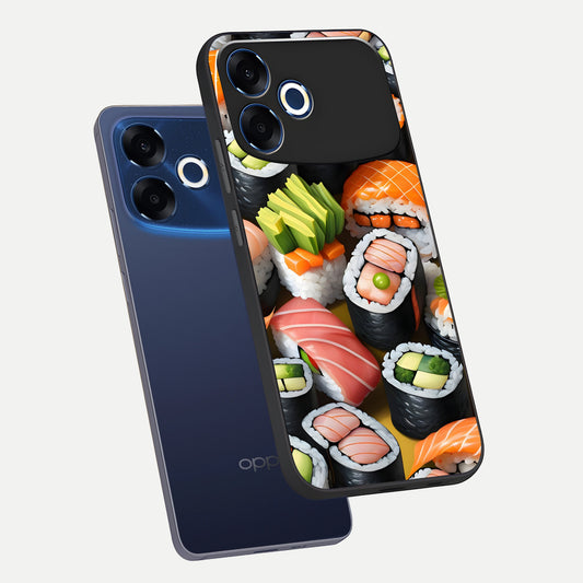 Sushi Food Pattern phone case For Oppo F33 Pro 5G showing premium glass back cover with detailed artwork