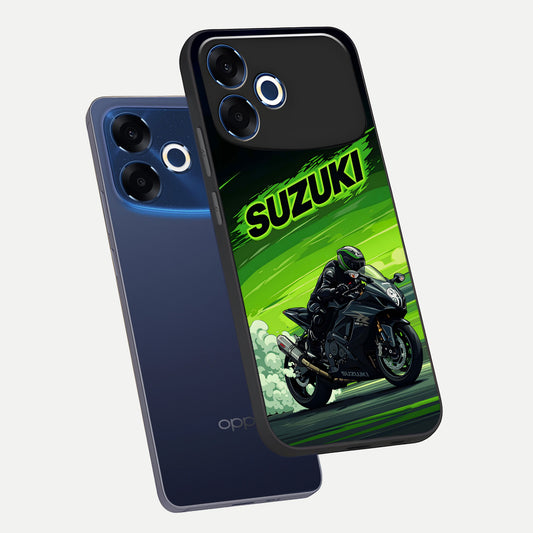 Suzuki Speed Beast phone case For Oppo F33 Pro 5G showing premium glass back cover with detailed artwork