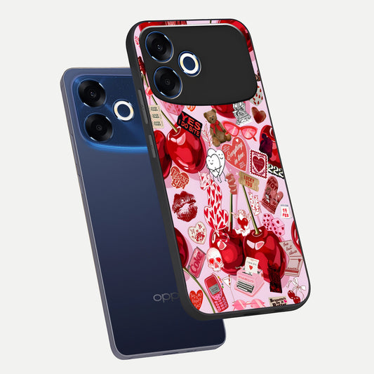 Sweet Cherry Chaos phone case For Oppo F33 Pro 5G showing premium glass back cover with detailed artwork