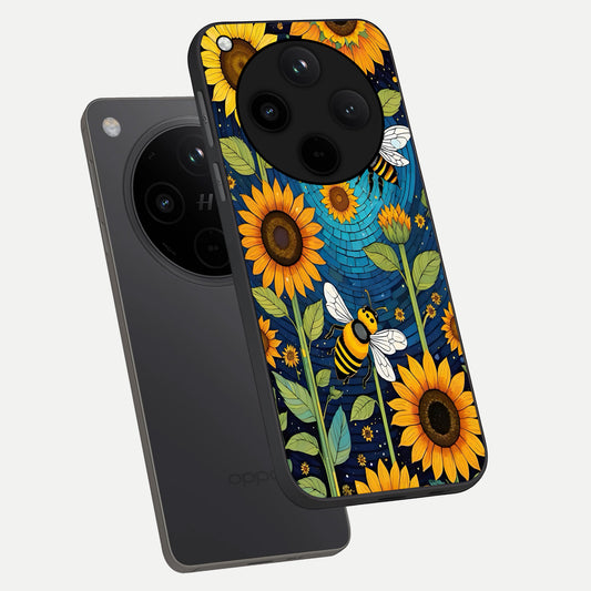 Bees And Sunflowers phone case For Oppo Find X8 showing premium glass back cover with detailed artwork