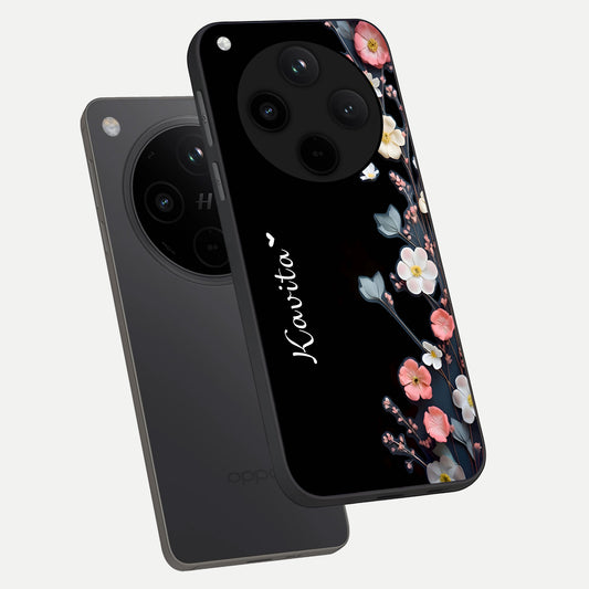Black Elegance Floral Custom Name phone case For Oppo Find X8 showing premium glass back cover with detailed artwork