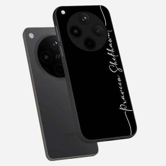 Black Tune Custom Name phone case For Oppo Find X8 showing premium glass back cover with detailed artwork