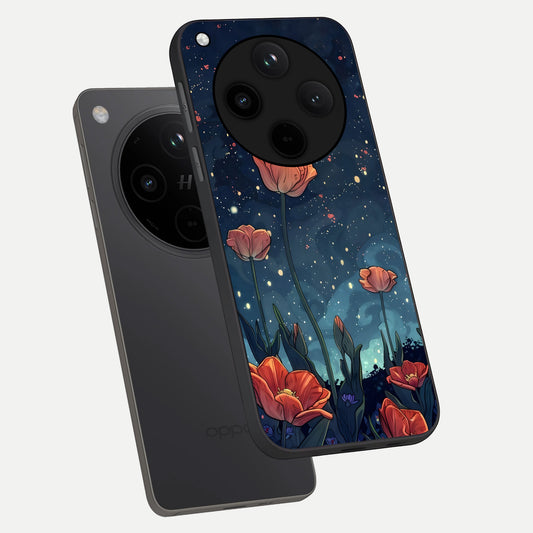 Midnight Tulip Glow phone case For Oppo Find X8 showing premium glass back cover with detailed artwork