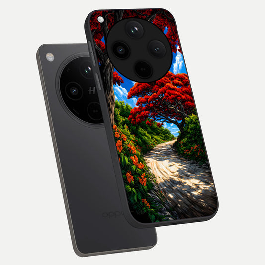 Red Trees Pathway phone case For Oppo Find X8 showing premium glass back cover with detailed artwork