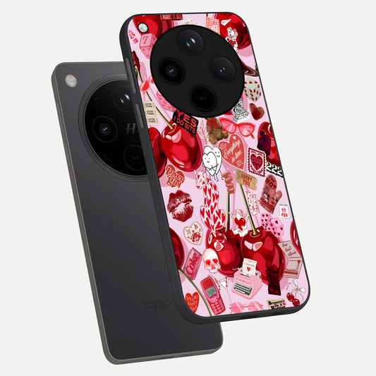 Sweet Cherry Chaos phone case For Oppo Find X8 showing premium glass back cover with detailed artwork