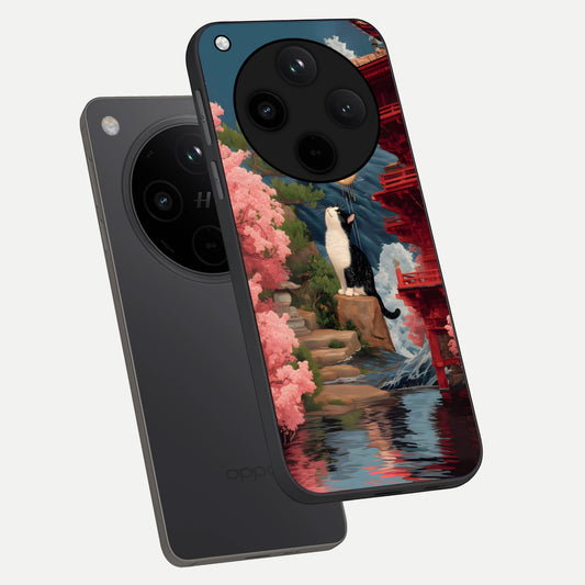 Temple Cat Scenery phone case For Oppo Find X8 showing premium glass back cover with detailed artwork