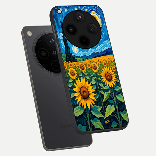 Starry Sunflower Dreams phone case For Oppo Find X8 Pro showing premium glass back cover with detailed artwork