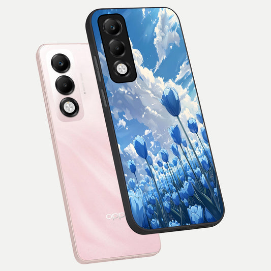Blue Tulip Clouds phone case For Oppo K13x 5G showing premium glass back cover with detailed artwork
