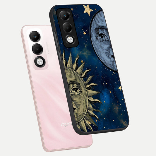Celestial Moon With Sun phone case For Oppo K13x 5G showing premium glass back cover with detailed artwork