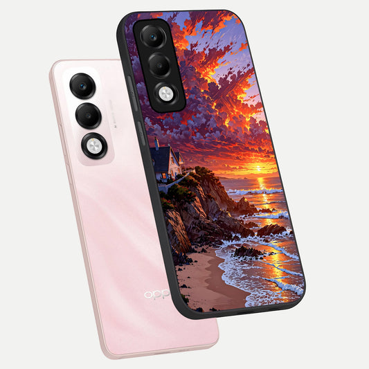Sunset House By Sea phone case For Oppo K13x 5G showing premium glass back cover with detailed artwork