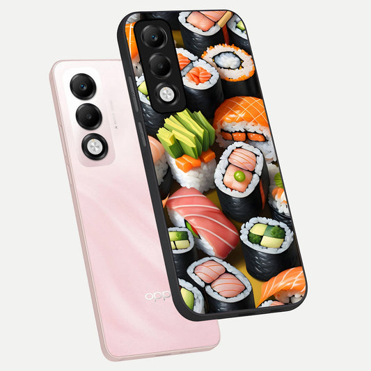 Sushi Food Pattern phone case For Oppo K13x 5G showing premium glass back cover with detailed artwork