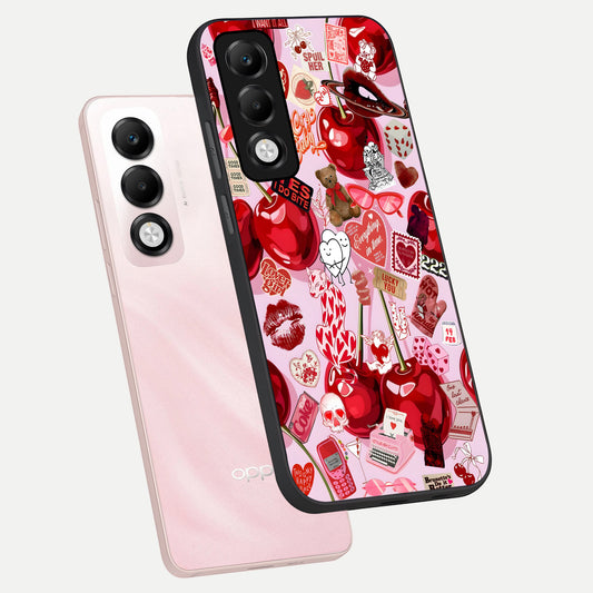 Sweet Cherry Chaos phone case For Oppo K13x 5G showing premium glass back cover with detailed artwork