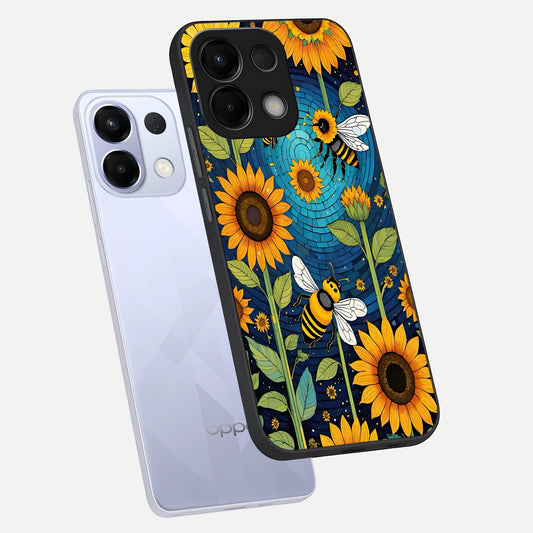Bees And Sunflowers phone case For Oppo K13 5G showing premium glass back cover with detailed artwork