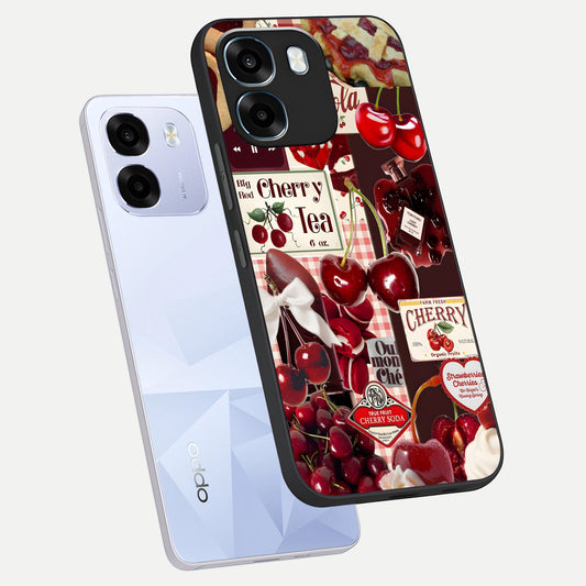 Aesthetic Cherry Tea phone case For Oppo K14 5G showing premium glass back cover with detailed artwork