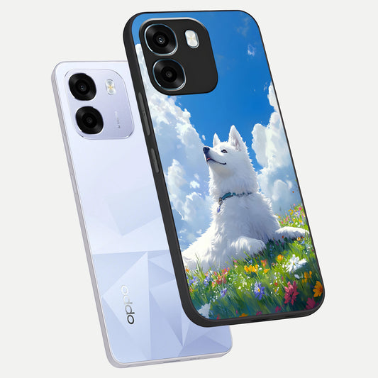 Blissful Cloud Pup phone case For Oppo K14 5G showing premium glass back cover with detailed artwork