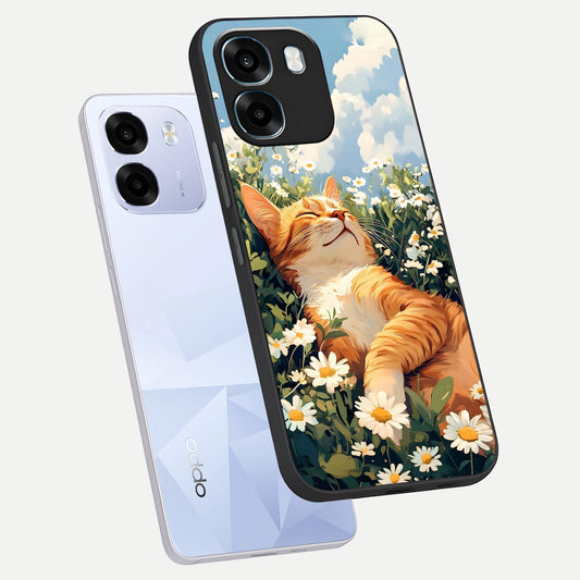 Cat And Flowers View phone case For Oppo K14 5G showing premium glass back cover with detailed artwork