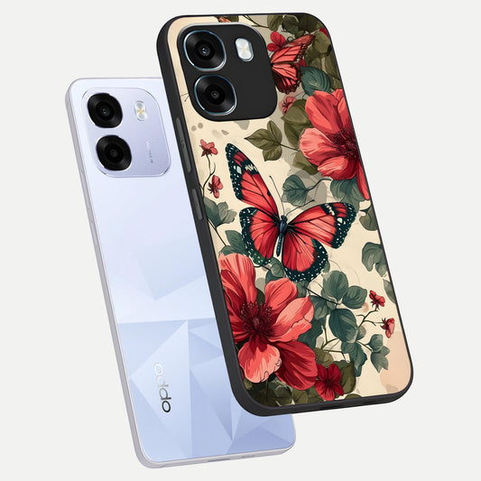 Crimson Butterfly Garden phone case For Oppo K14 5G showing premium glass back cover with detailed artwork