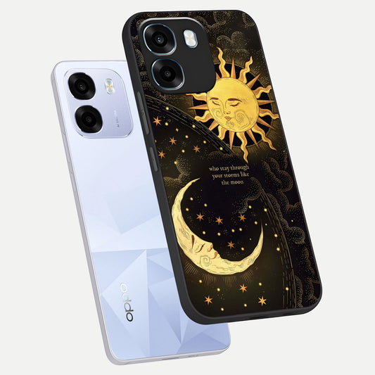 Golden Lunar Love phone case For Oppo K14 5G showing premium glass back cover with detailed artwork