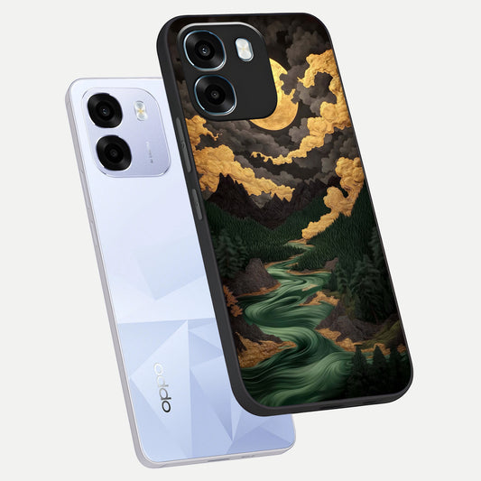 Golden River Moon phone case For Oppo K14 5G showing premium glass back cover with detailed artwork
