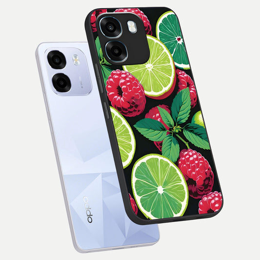 Lime and Raspberry Pattern phone case For Oppo K14 5G showing premium glass back cover with detailed artwork
