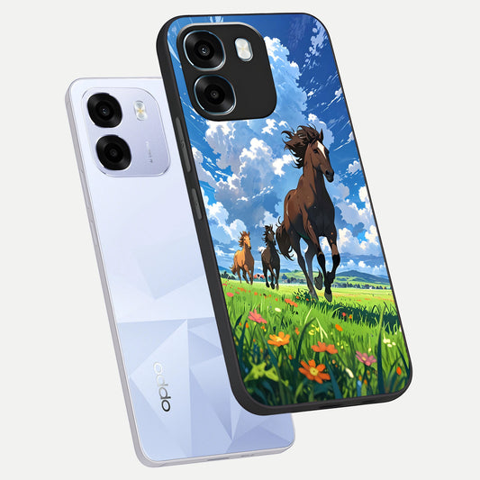 Majestic Horses Galloping phone case For Oppo K14 5G showing premium glass back cover with detailed artwork