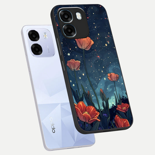 Midnight Tulip Glow phone case For Oppo K14 5G showing premium glass back cover with detailed artwork