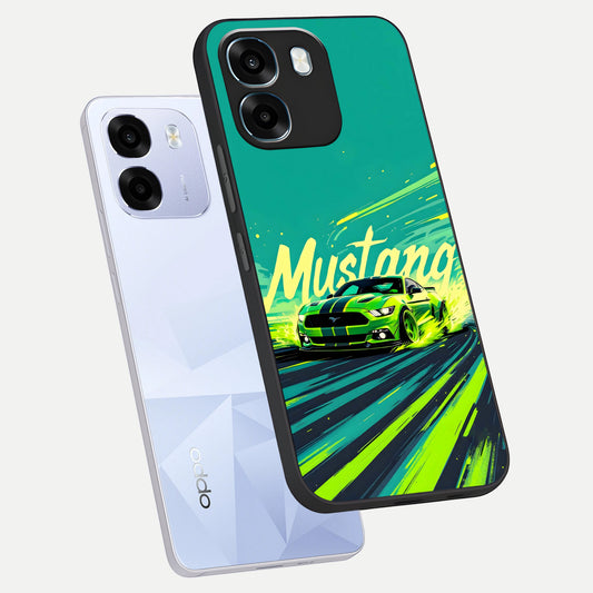 Mustang Bang phone case For Oppo K14 5G showing premium glass back cover with detailed artwork