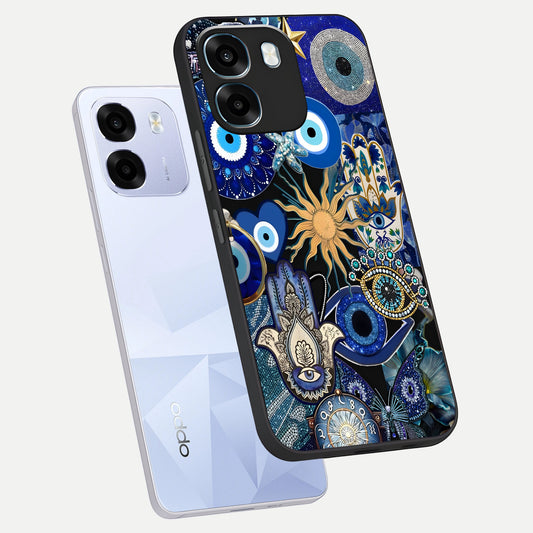 Mystic Blue Evil Eye phone case For Oppo K14 5G showing premium glass back cover with detailed artwork