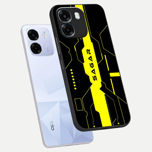 Neon CYBERPUNK Custom Name phone case For Oppo K14 5G showing premium glass back cover with detailed artwork