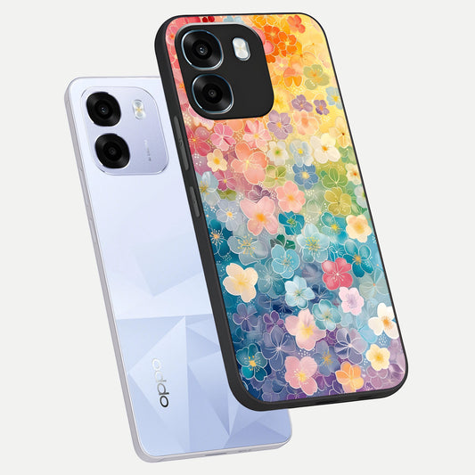 Rainbow Blossom Burst phone case For Oppo K14 5G showing premium glass back cover with detailed artwork