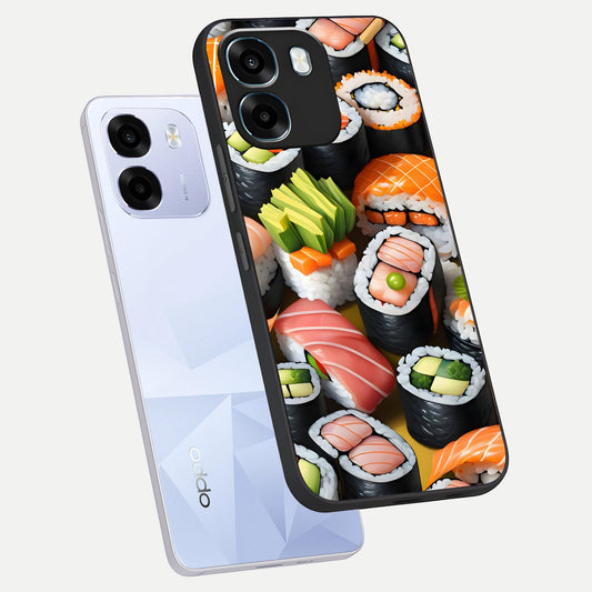 Sushi Food Pattern phone case For Oppo K14 5G showing premium glass back cover with detailed artwork