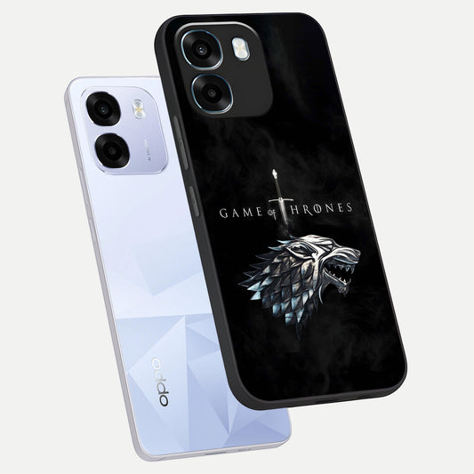 Throne Wolf Legacy phone case For Oppo K14 5G showing premium glass back cover with detailed artwork