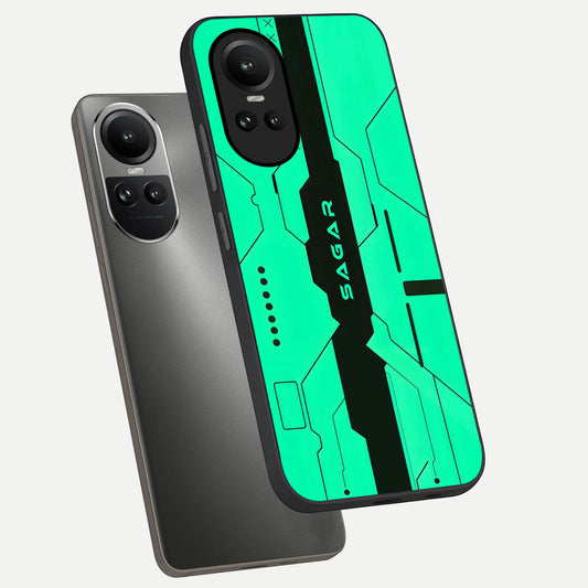 Aqua Tech CYBERPUNK Custom Name phone case For Oppo Reno 10 showing premium glass back cover with detailed artwork