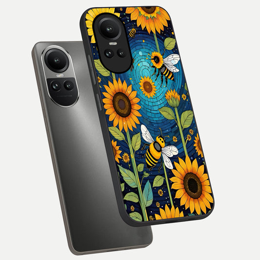 Bees And Sunflowers phone case For Oppo Reno 10 showing premium glass back cover with detailed artwork