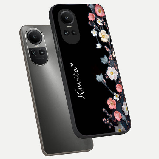 Black Elegance Floral Custom Name phone case For Oppo Reno 10 showing premium glass back cover with detailed artwork