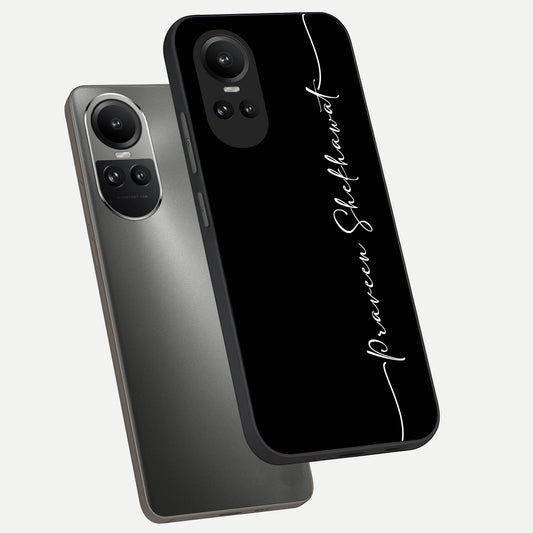 Black Tune Custom Name phone case For Oppo Reno 10 showing premium glass back cover with detailed artwork