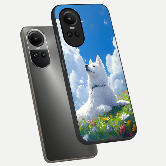Blissful Cloud Pup phone case For Oppo Reno 10 showing premium glass back cover with detailed artwork