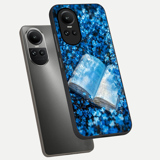 Blue Bloom Tales phone case For Oppo Reno 10 showing premium glass back cover with detailed artwork