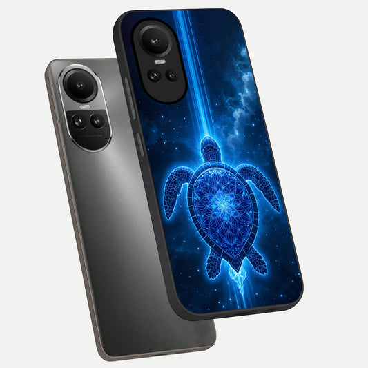Blue Galaxy Turtle phone case For Oppo Reno 10 showing premium glass back cover with detailed artwork