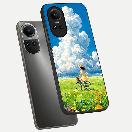 Breezy Meadow Ride phone case For Oppo Reno 10 showing premium glass back cover with detailed artwork