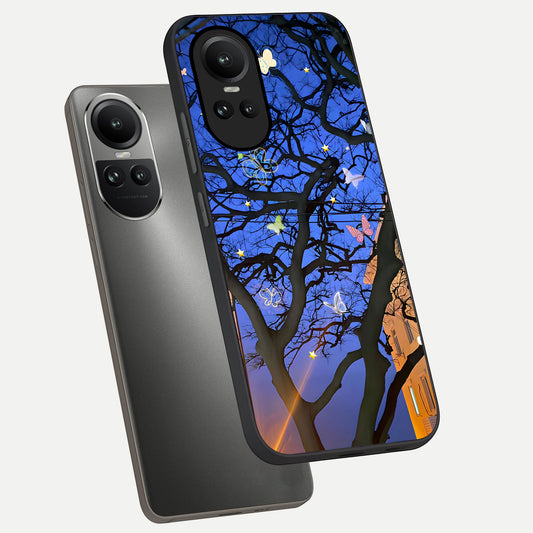 Butterfly Night Magic phone case For Oppo Reno 10 showing premium glass back cover with detailed artwork