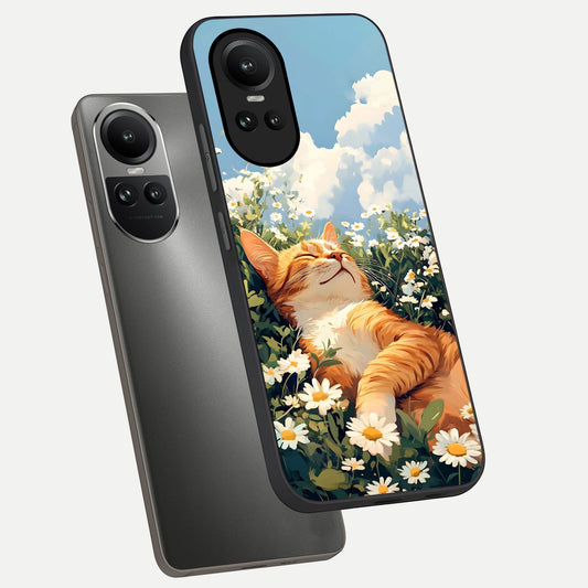 Cat And Flowers View phone case For Oppo Reno 10 showing premium glass back cover with detailed artwork