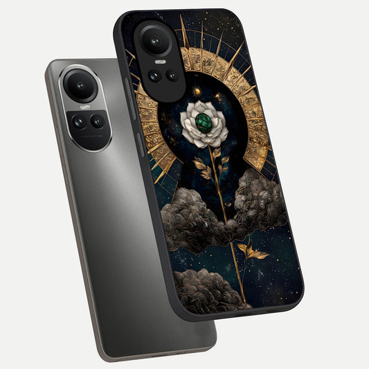 Celestial Lotus Morang phone case For Oppo Reno 10 showing premium glass back cover with detailed artwork