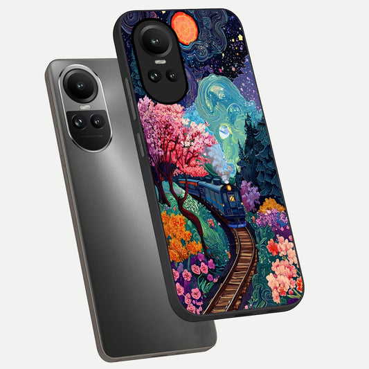 Celestial Train Journey phone case For Oppo Reno 10 showing premium glass back cover with detailed artwork