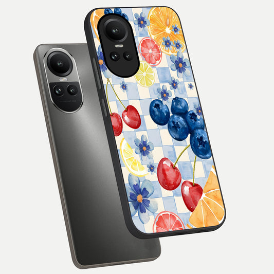 Citrus Bloom Joy phone case For Oppo Reno 10 showing premium glass back cover with detailed artwork